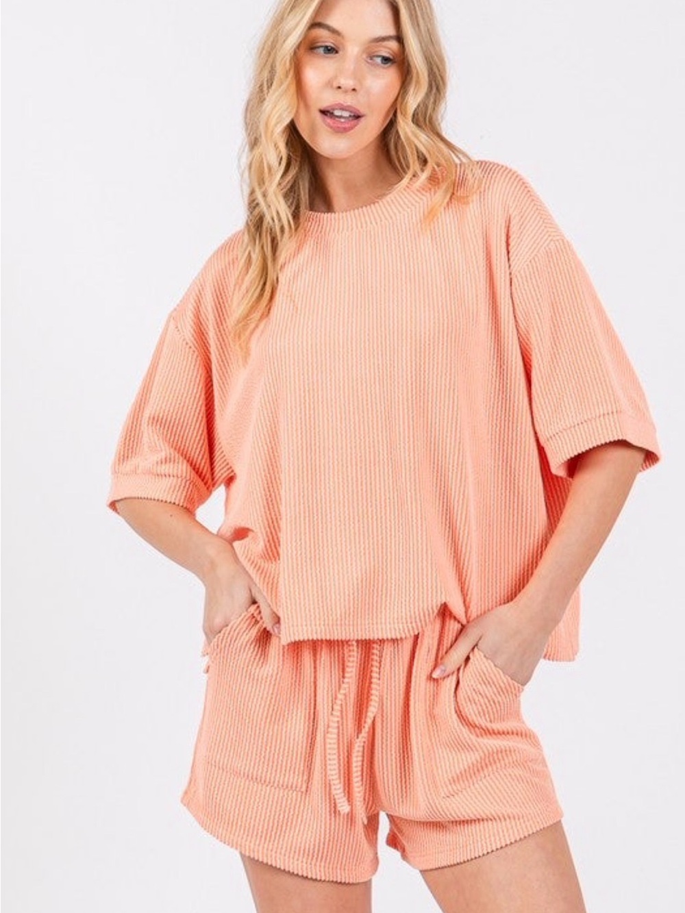 NWT Sewn + Seen Peach Striped Terry 2 Piece Shorts Set L